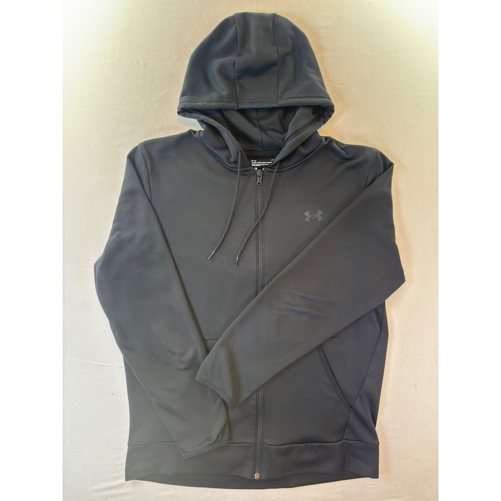 Under Armour Mens Full Zip Hoodie Black Fleece Lined 1357110 Large Loose Fit